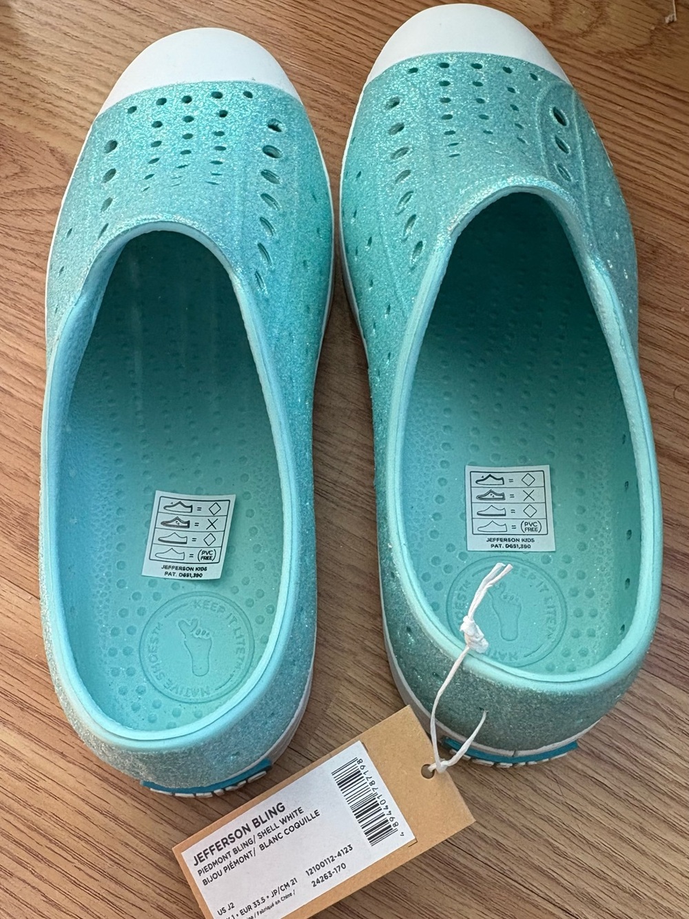Native Kids Shoes Glitter Aqua with White Toe size 2 little girl - Picture 2 of 3